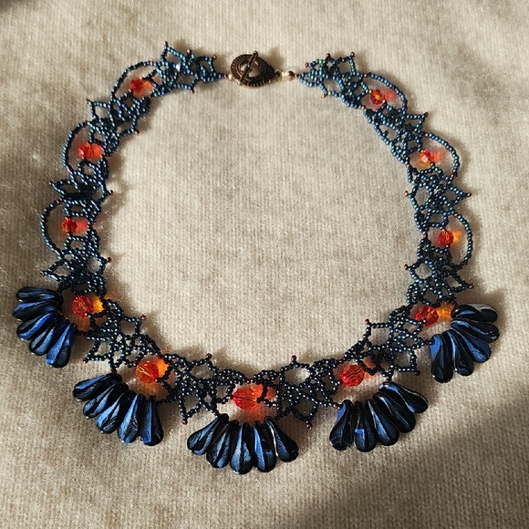 Elegant Blue and Orange Beaded Necklace With Swarovski Crystals